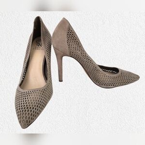 Vince Camuto Perforated Suede Heels Womens Size 9.5 Taupe Pointed Toe Pumps